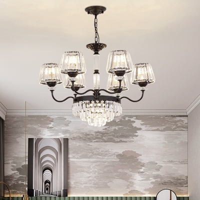 Modernism 6-Light Chandelier Lamp Black Tapered Hanging Ceiling Light with Beveled Crystal Shade