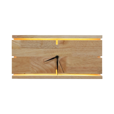 Round/Rectangular Clock Design Sconce Asian Style Wooden Bedroom LED Wall Mounted Light in Beige
