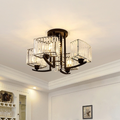 Simple Rectangle Ceiling Fixture Beveled Crystal 5 Heads Dining Room Semi Flush Chandelier in Black