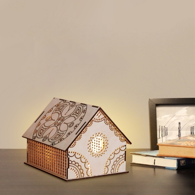 Small Wood Low House Nightstand Light Kids Brown LED Table Lamp with Etched Flower/Loving Heart/Star Pattern