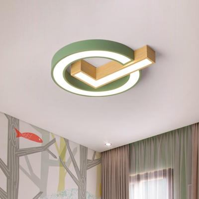 Tick and Circle Iron Flushmount Macaron Grey/Green and Wood LED Surface Ceiling Lamp for Kids Bedroom