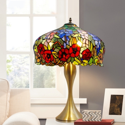 Urn Night Lamp Mediterranean Hand Cut Glass 1 Bulb Brass Finish Pull Chain Table Lighting with Floral Pattern