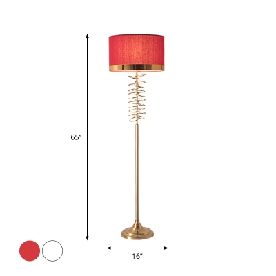White/Red Drum Floor Reading Lamp Country Fabric 1 Light Living Room Floor Lighting with Metal Rings Deco