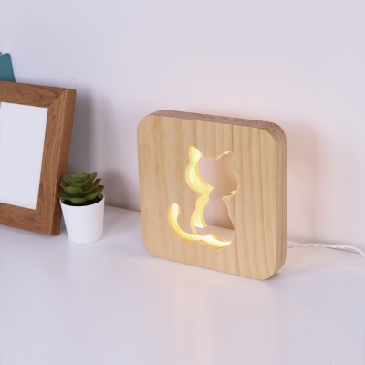Wood Square Nightstand Lamp Cartoon Style LED Wooden Table Lighting with Cat Design