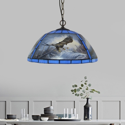 Yellow/Blue Cut Glass Hanging Lamp Kit Domed 1-Head Victorian Pendant Light with Landscape Pattern