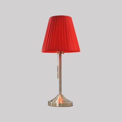 1 Bulb Red/Beige Cone Desk Light Contemporary Pleated Fabric Shade Nightstand Lamp with Pull Chain