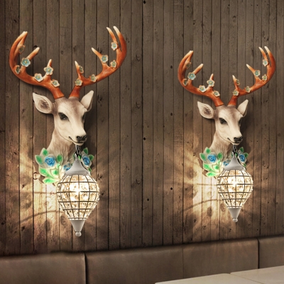 1 Bulb Wall Sconce Countryside Teardrop Clear Crystal Wall Lighting Ideas in Black/White with Grey/Yellow Resin Deer Head