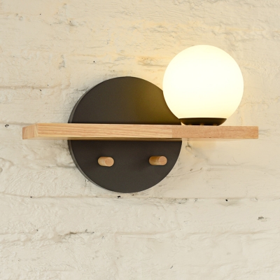1 Head Black/Green Spherical Sconce Rural Style White Glass Wall Mounted Light with Rectangle Wood Design