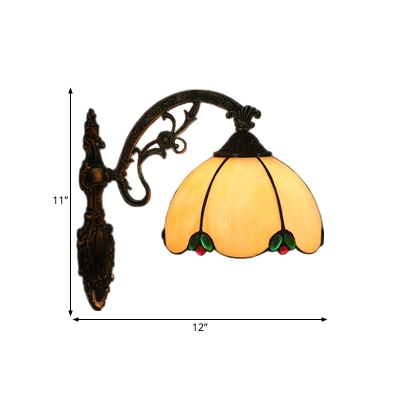 1-Head Wall Mounted Lamp Tiffany Domed Stained Glass Wall Lighting Ideas in Brass with Curved Arm