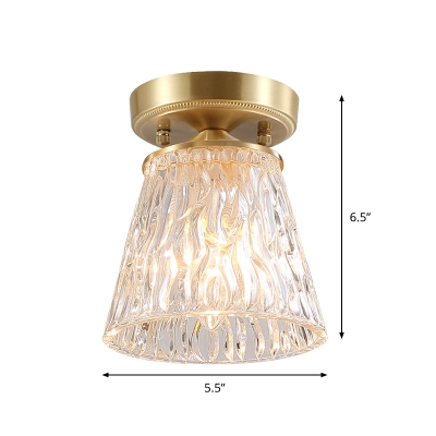 1-Light Semi Flush Mount Light Rustic Cone/Flower Clear Textured Glass Ceiling Flush in Brass for Corridor