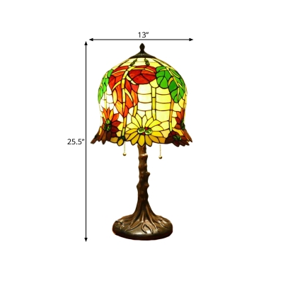 2 Lights Bedroom Table Lighting Victorian Yellow and Green Pull Chain Night Lamp with Bell Hand Cut Glass Shade