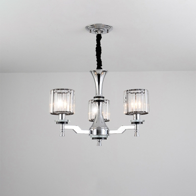 3-Head Dining Room Chandelier Modern Chrome Suspension Light with Cylinder Clear Crystal Shade