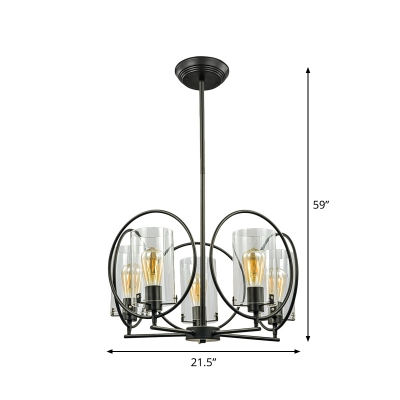 5-Head Ceiling Chandelier Farm Living Room Circle Pendant Light Kit with Cylinder Clear Glass Shade in Black