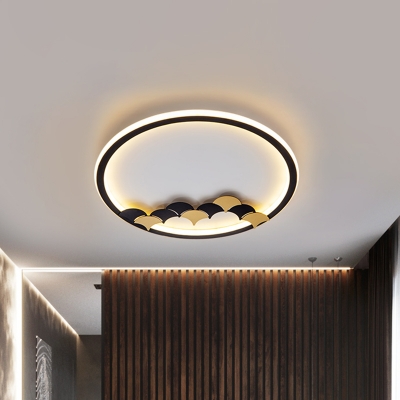 Acrylic Round/Square Flush Light Nordic LED Black Close to Ceiling Lamp with Leaf/Geometric Pattern for Bedroom