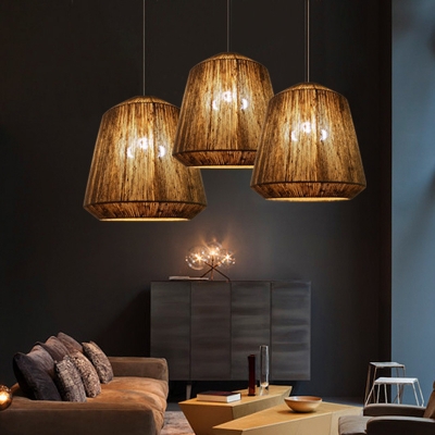 Asia 3 Lights Suspension Pendant Flaxen Cone-Like Hanging Chandelier with Woven Rope Shade
