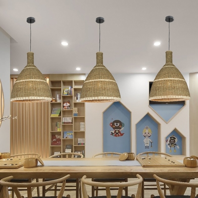 Asian Conical Down Lighting Rattan 1-Head Restaurant Pendant Light Fixture in Beige