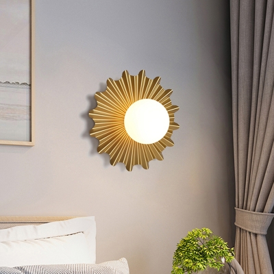 Ball Bedside Surface Wall Sconce Opal Glass 1 Bulb Modern Wall Mount Lamp Pleated Circular Backplate in Gold