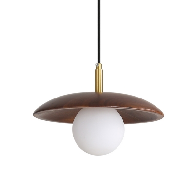 Ball/Oval Shade Hanging Light Fixture Minimalist Opal Glass 1-Head Restaurant Ceiling Pendant with Wood Cap in Brown