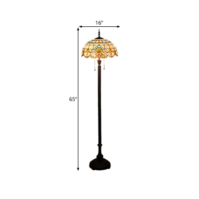 Black 2-Light Floor Lighting Tiffany Style Hand Cut Glass Dome Petal Patterned Standing Light with Pull Chain