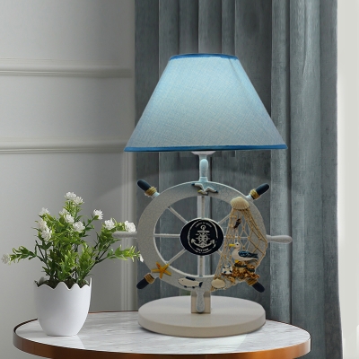 Blue Conical Nightstand Lamp Coastal 1-Light Fabric Task Lighting with Resin Rudder Base