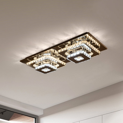 Chrome Rectangle Semi Mount Lighting Modern Crystal LED Close to Ceiling Light for Foyer