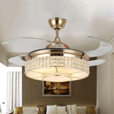 Clear Crystal Round Hanging Fan Light Modernity LED Gold Semi Mount Lighting with 4 Blades, 16