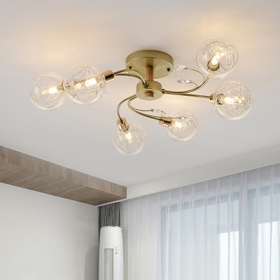 Clear Glass Globe Semi Flush Ceiling Light Modernism 6 Heads Black/Gold Lighting Fixture with Spiral Design