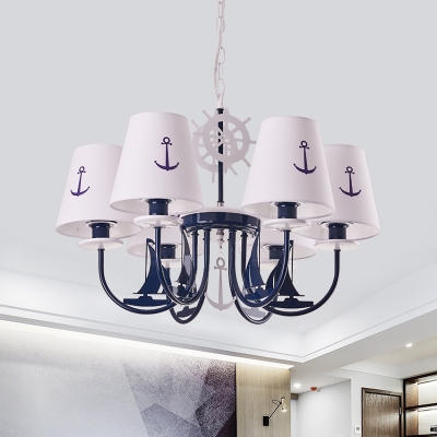 Conical Suspension Pendant Modernism Fabric 5/6 Lights Blue Chandelier Lighting with Sailboat Deco