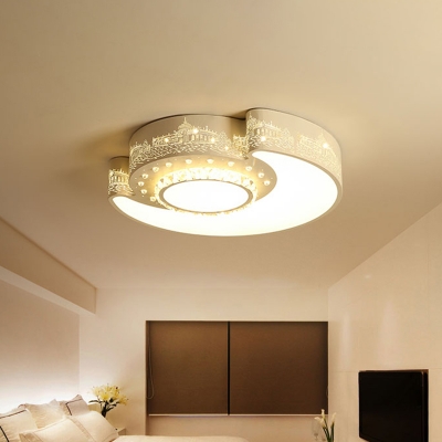 Crystal Sun and Moon Flush Mount Contemporary LED Ceiling Fixture in White with Castle Pattern