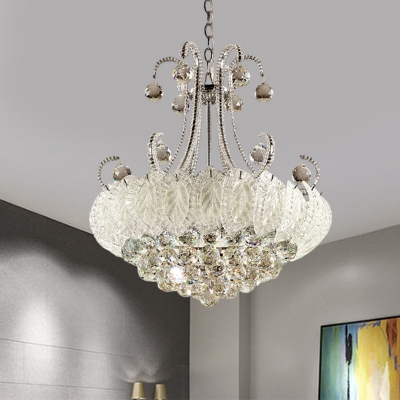 Cut Crystal Cascade Chandelier Lamp Modern 8 Bulbs Hanging Ceiling Light with Curved Arm in White