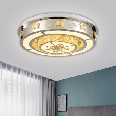 Drum Flush Mount Lighting Fixture Minimalism Cut Crystal LED Parlor Ceiling Lamp in Stainless-Steel