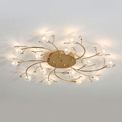 Gold Spiral Branch Flush Mount Lamp Modern Flower Crystal 15-Light Bedroom LED Flush Light Fixture