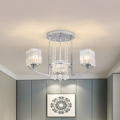 Modern 3 Heads Semi Flush Light Chrome Branching Ceiling Mount Chandelier with Square Crystal Shade