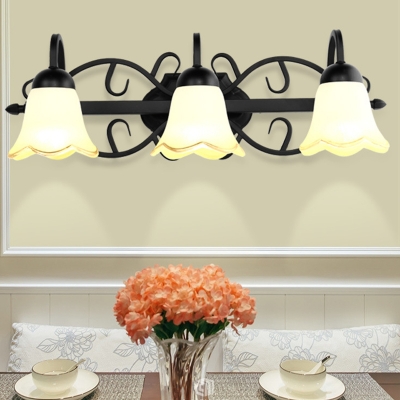 Morning Glory Opal Glass Wall Sconce Rustic 2/3 Lights Bathroom Wall Mount Lamp in Black with Arched Arm