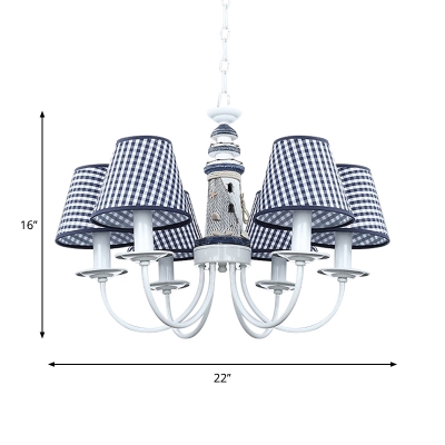 Nordic Barrel Pendant Chandelier Fabric 6 Lights Bedroom Hanging Lamp Kit with Lighthouse Column Design in Blue