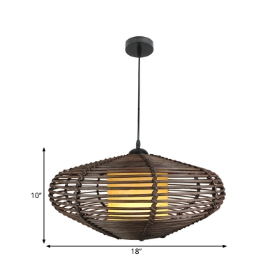 Oval Cage Balcony Pendant Light Kit Bamboo 1 Head Antique Hanging Lamp Fixture with Inner Cylinder Fabric Shade in Coffee