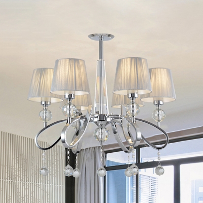 Pleated Fabric Cone Chandelier Modern 6-Light Chrome Suspended Lighting Fixture with Crystal Drop