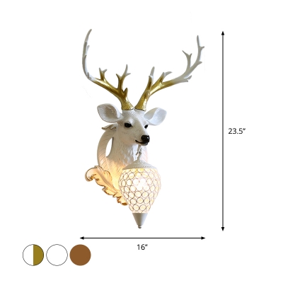 Resin Deer Head Wall Mount Light Fixture Traditional 1-Light Living Room Wall Sconce in White/Brown/White and Gold with Raindrop Crystal Embedded Design