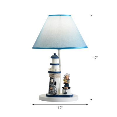 Resin Lighthouse and Boy/Girl Desk Lamp Modernism 1 Head Nightstand Light with Barrel Fabric Shade in Blue