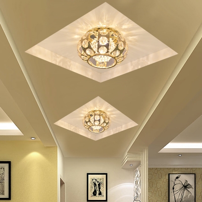Round Lantern Cut Crystal Flush Mount Simplicity LED Gold Ceiling Lighting in Warm/White Light