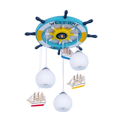Sphere Multi Pendant Light Cartoon Opal Glass 3 Bulbs White/Blue/Ocean Blue Suspension Lamp with Hanging Ship Deco