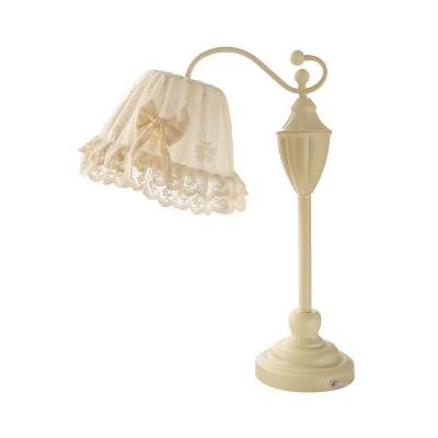 Trapezoid Iron Table Lamp Modern Romantic 1 Bulb White Nightstand Light with Ruffle Lace Cover