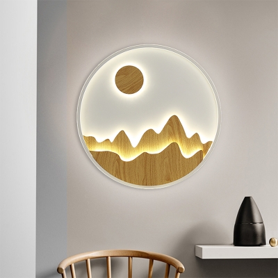 Wood Sun and Mountain Mural Lighting Chinese LED Yellow Circle Wall Mount Light Fixture for Dining Room