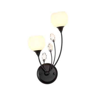 1/2-Bulb Branch Wall Lighting Modernist Black Finish Metal Wall Sconce with Dome Opal Glass Shade