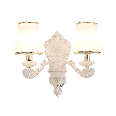 1/2-Bulb Wall Lighting Fixture Classic Urn Shaped White Glass Wall Mount Light with Carved Backplate