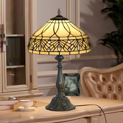 1-Light Night Lamp Mission Tapered Beige Cut Glass Table Lighting with Resin Base for Bedside