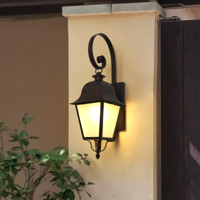 1 Light Wall Lamp Sconce Factory Patio Scrolled Wall Lighting with Pavilion Frosted Glass Shade in Black