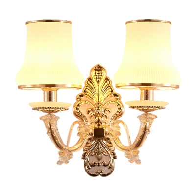 2 Bulbs Wall Lighting with Conical Shade Opal Glass Rustic Bedroom Wall Mounted Light in Gold