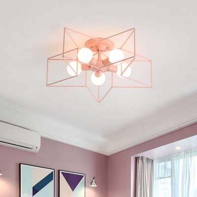 5-Light Kids Bedroom Semi Mount Lighting Macaron Grey/Pink/Green Ceiling Flush Light with Star Iron Frame