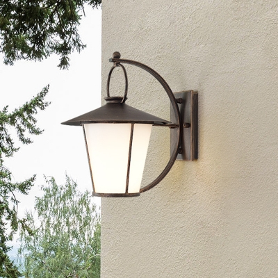 Black/Brass Tapered Wall Lighting Fixture Industrial Style Cream Glass 1 Bulb Outdoor Wall Light with Arched Arm